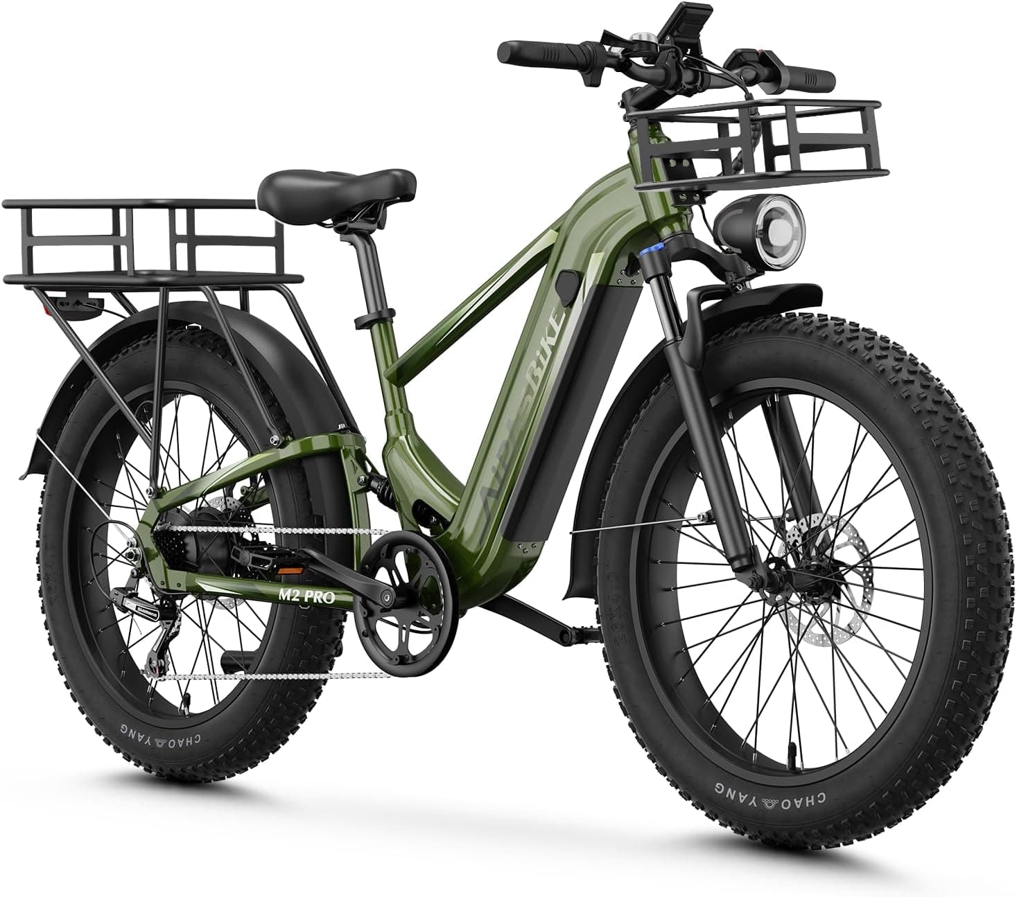 LEONX M2 Pro fat-tire ebike with baskets installed