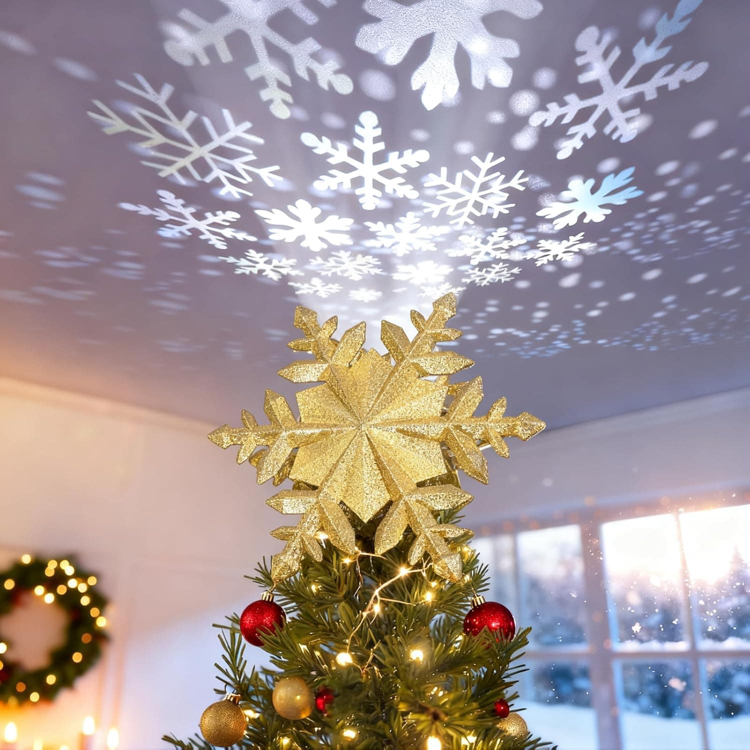 DG-Direct golden snowflake projector tree topper with LED rotating magic snowflake