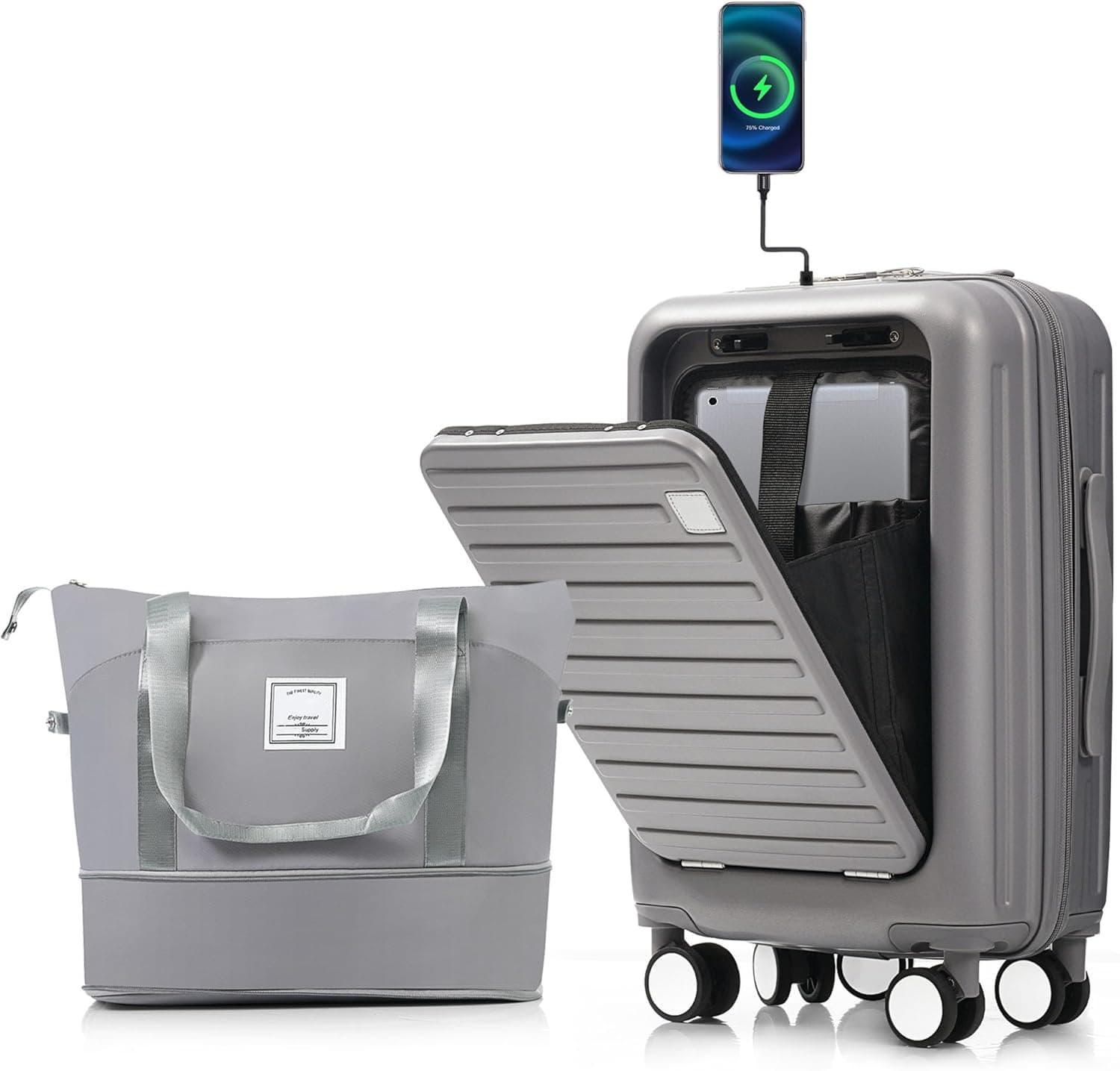 Carry on Luggage with Front Pocket, Hard Shell Luggage Suitcase with USB Port and Cup Holder, 20" Rolling Luggage with Expandable Travel Bag (Grey, Carry On 20 Inch)