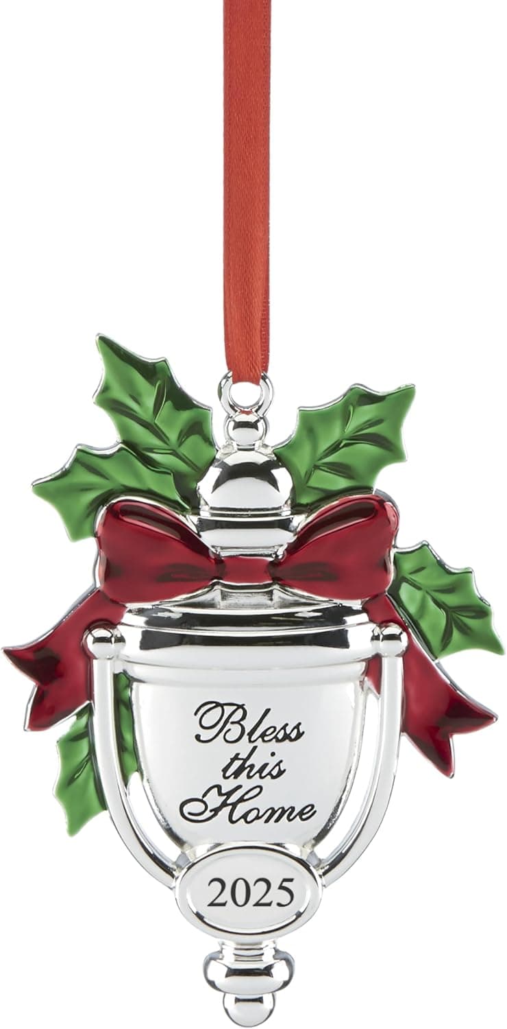 Lenox 2025 Bless This Home silverplate ornament with red ribbon for hanging