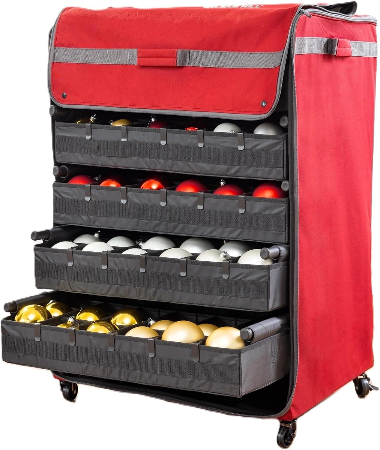 Balsam Hill deluxe rolling ornament chest with 150 piece storage capacity, dividers and trays