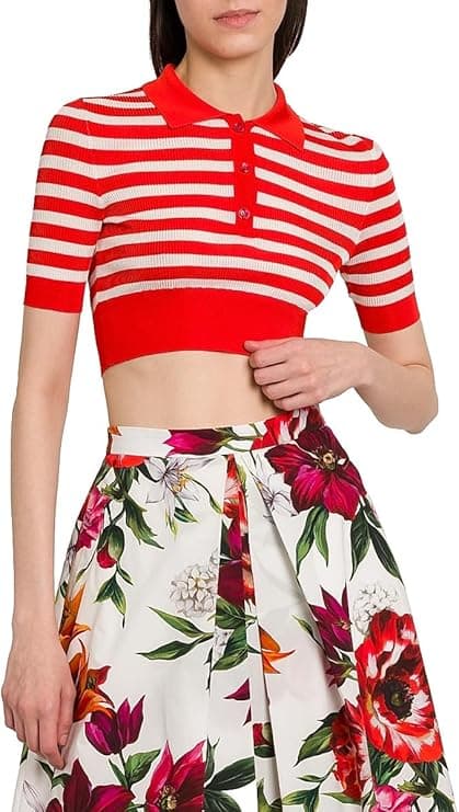 Dolce&Gabbana Rafia Fiori Striped Knit Cropped Polo Top - Luxury Tops - $1,645.00