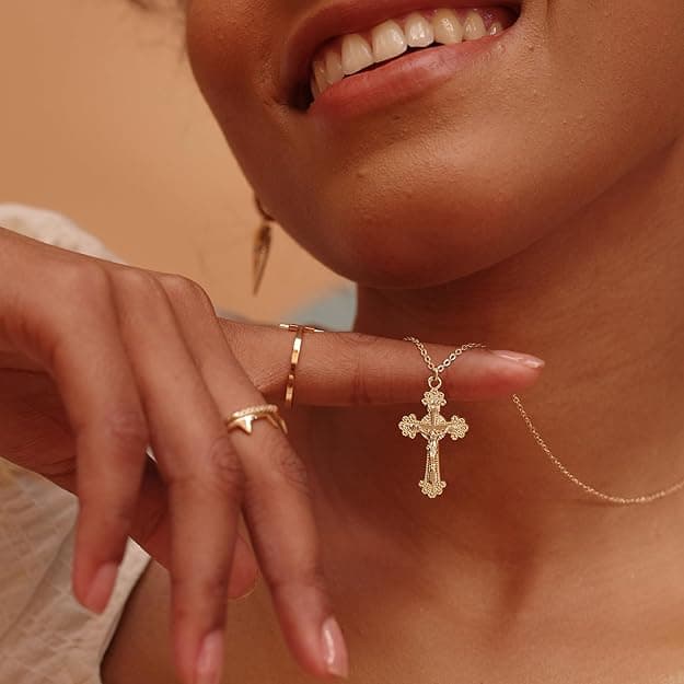 Fettero Cross Necklace Faith Pendant 14K Plated Dainty Chain Minimalist Simple Tiny God Lords Prayer Religious Jewelry