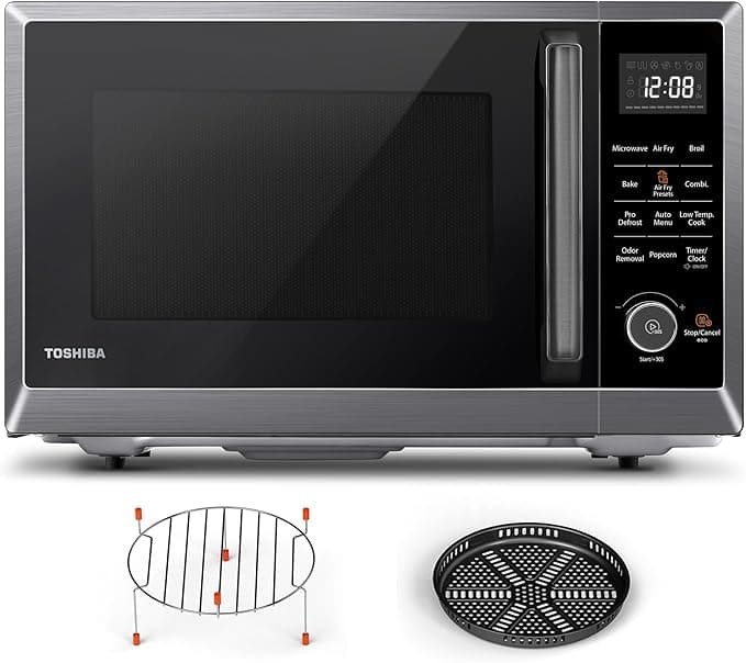 TOSHIBA Combo 8-in-1 Countertop Microwave Oven, with Convection, Broil, Odor Removal Mode, 12.4" Position Memory Turntable, Child-Lock, Black Stainless Steel, ML2-EC10SA(BS) A, Air Fryer-1.0 Cu.Ft