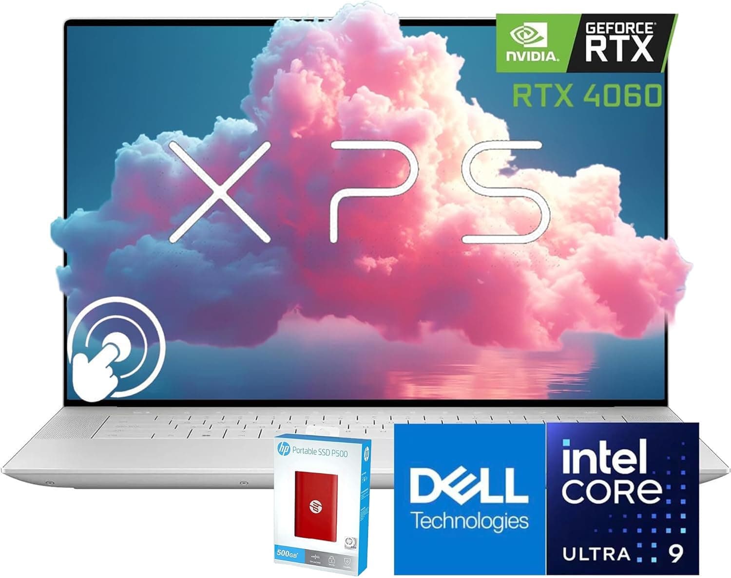 Dell XPS 16 AI laptop with OLED display and external SSD