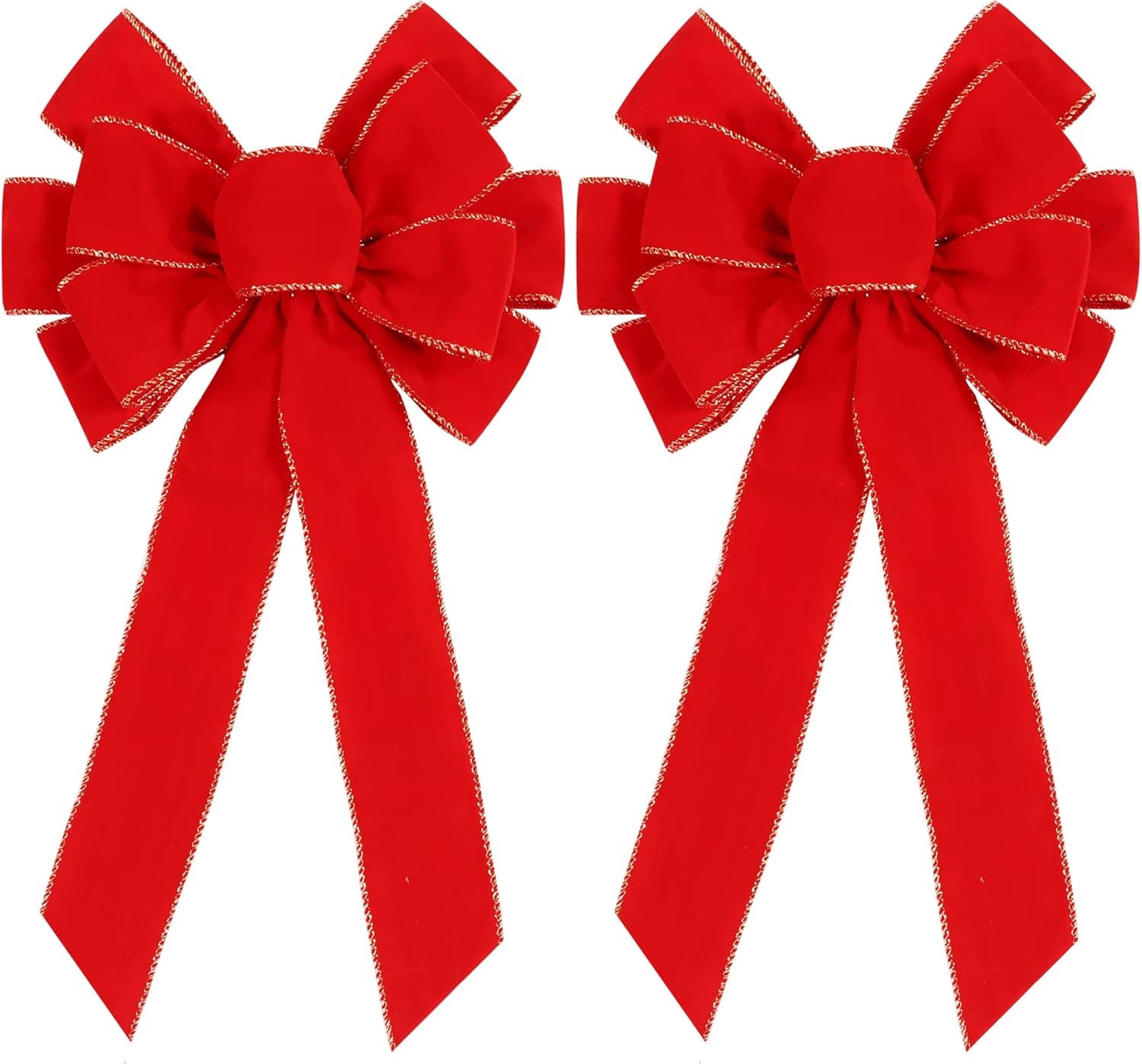 2 pack red Christmas bows with glitter gold edge, large tree topper bows for outdoor decorations