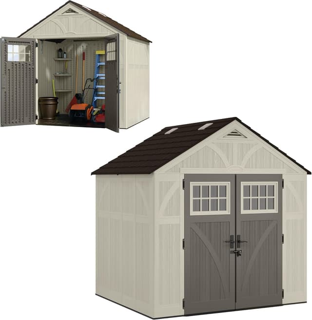 Suncast 8x7 Ft. Outdoor Storage Shed - Large Resin Shed with Floor, Lockable Double Doors, & Skylights. 378 Cu Ft Tremont Garden Sheds & Outdoor Storage for Lawn Tools, Riding Mowers, Bikes, & More