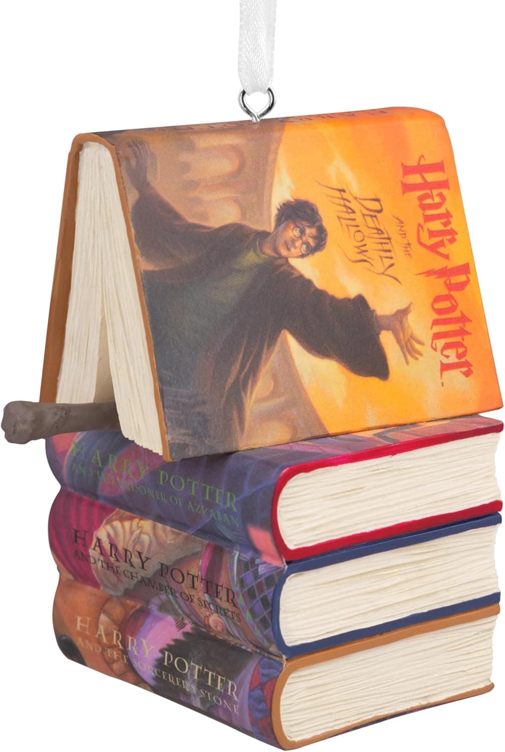 Hallmark Harry Potter stacked books with wand Christmas ornament resin collectible