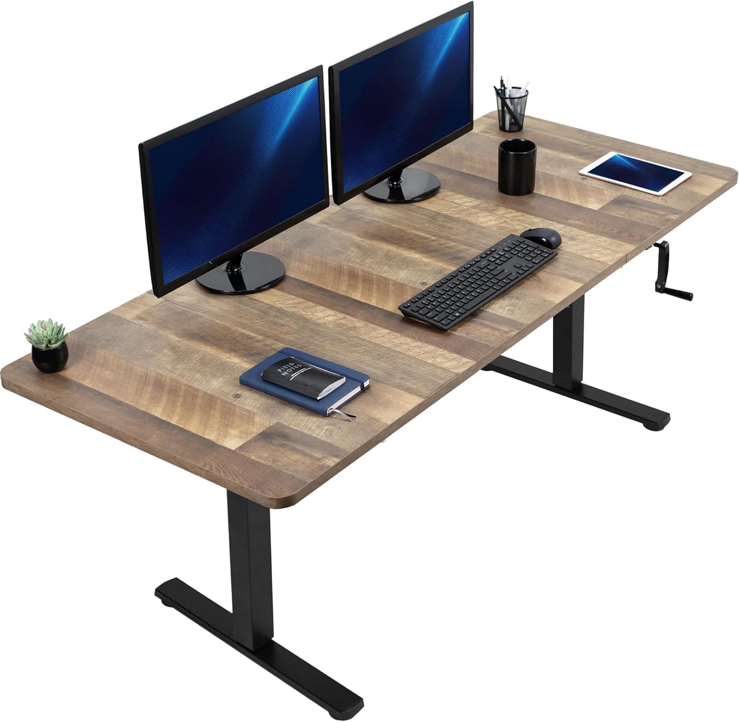 VIVO Manual Height Adjustable Stand Up Desk - Manual crank standing desk with reclaimed wood