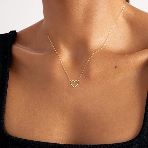 Tewiky Cute Heart Necklace Tiny 14k Gold Heart Pendant Choker Necklaces Small Gold Love Open Heart Chain Necklace for Women Dainty Gold Necklace Gifts for Her
