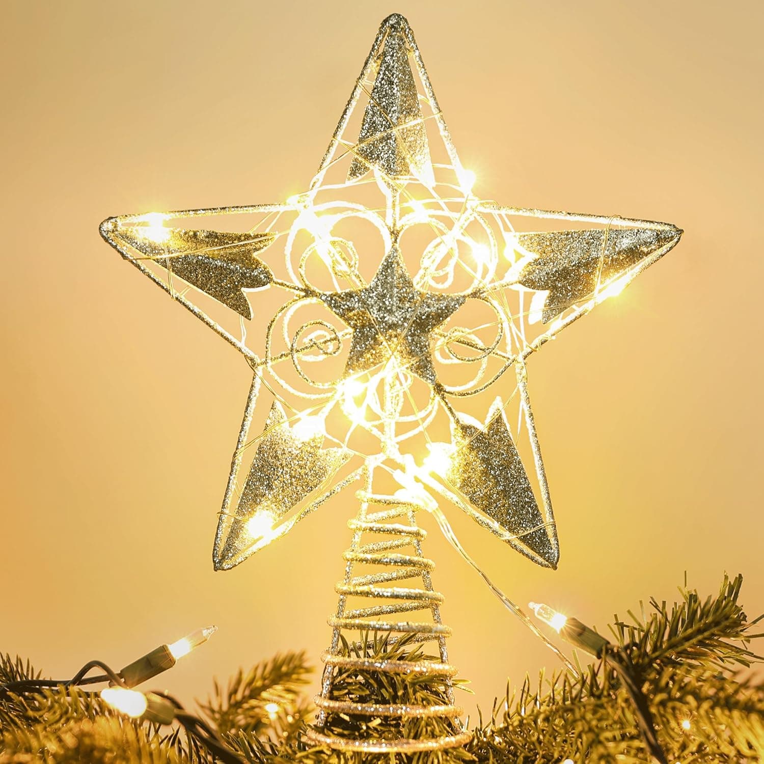 Brizled Silver Star Tree Topper with 20 LED warm white lights and hollow-out design