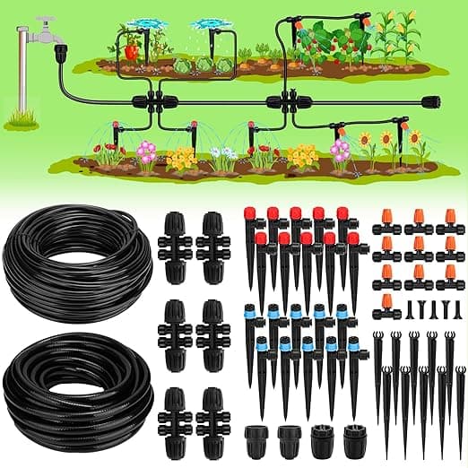 Drip Irrigation System, 40FT 1/2" Mainline & 100FT 1/4" Tubing, with Adjustable Drip Emitters Misting Sprinkler, Efficient Sprinkler System Kit for Flower Bed, Raised Bed, Greenhouse, Lawn