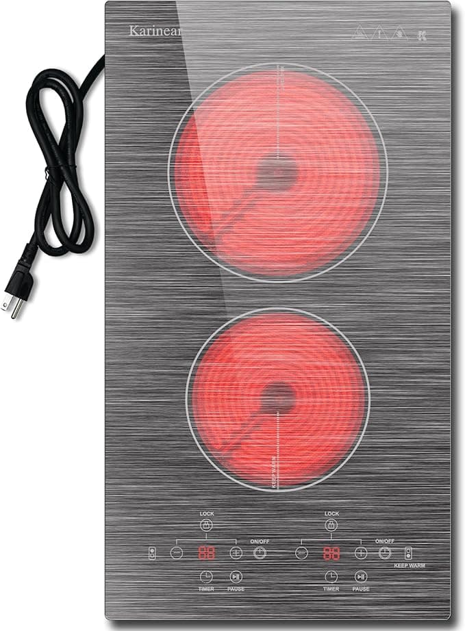 Karinear 2 Burner Electric Cooktop 110V, 12 Inch Countertop & Built-in Electric Stove Top, Plug-in Ceramic Cooktop with Child Safety Lock, Timer, Pause, Smooth Glass Surface with Beautiful Pattern(B)