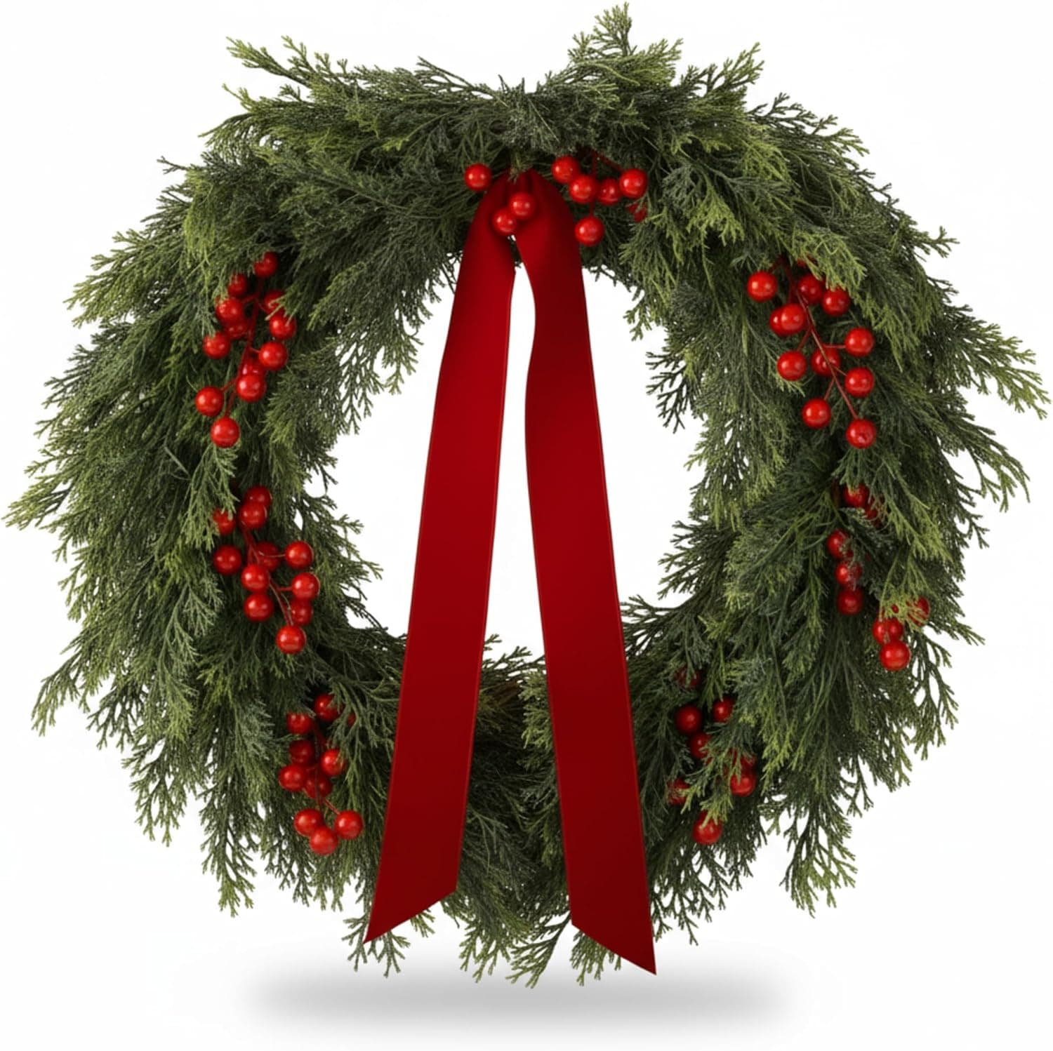 24 inch artificial cedar wreath for front door Christmas decoration with faux cedar, berries and ribbons