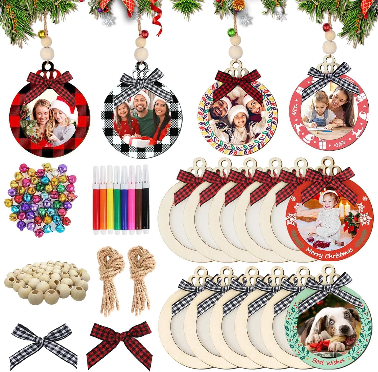 AerWo DIY wooden photo frame ornaments with beads, bows, and markers