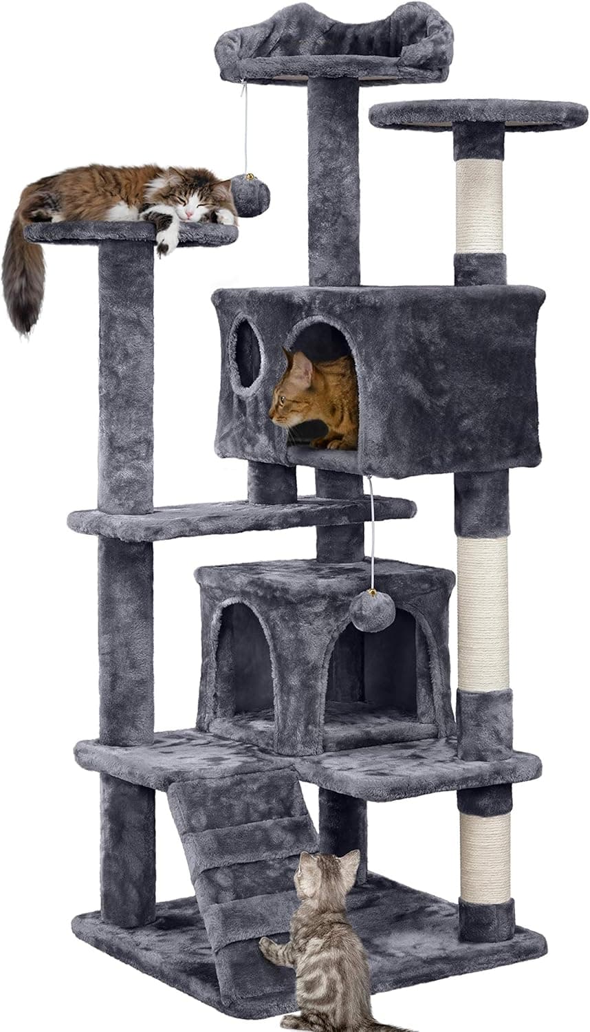 Yaheetech 54-inch cat tree with kitten-ear perch, caves, scratching posts, and plush balls