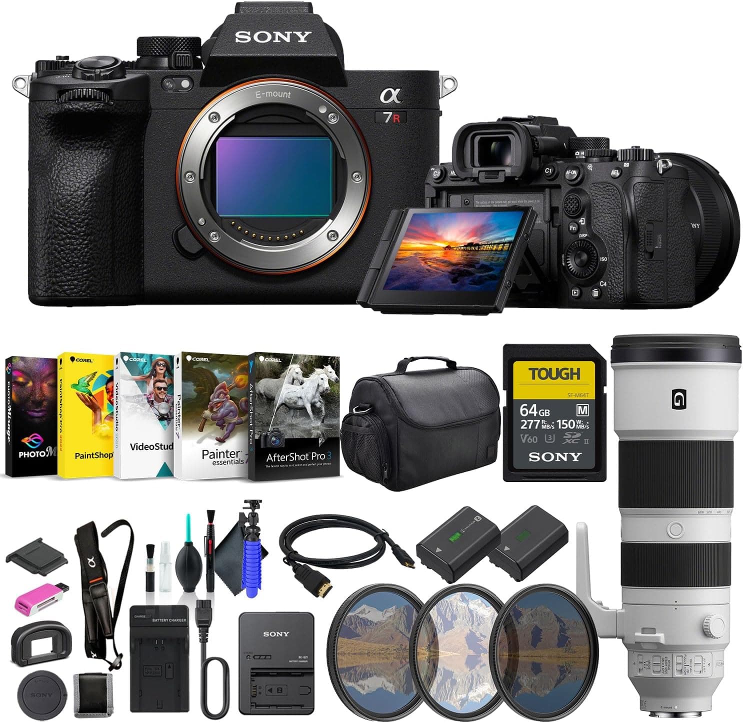 Sony Alpha 7R V camera with FE 200-600mm lens and accessories