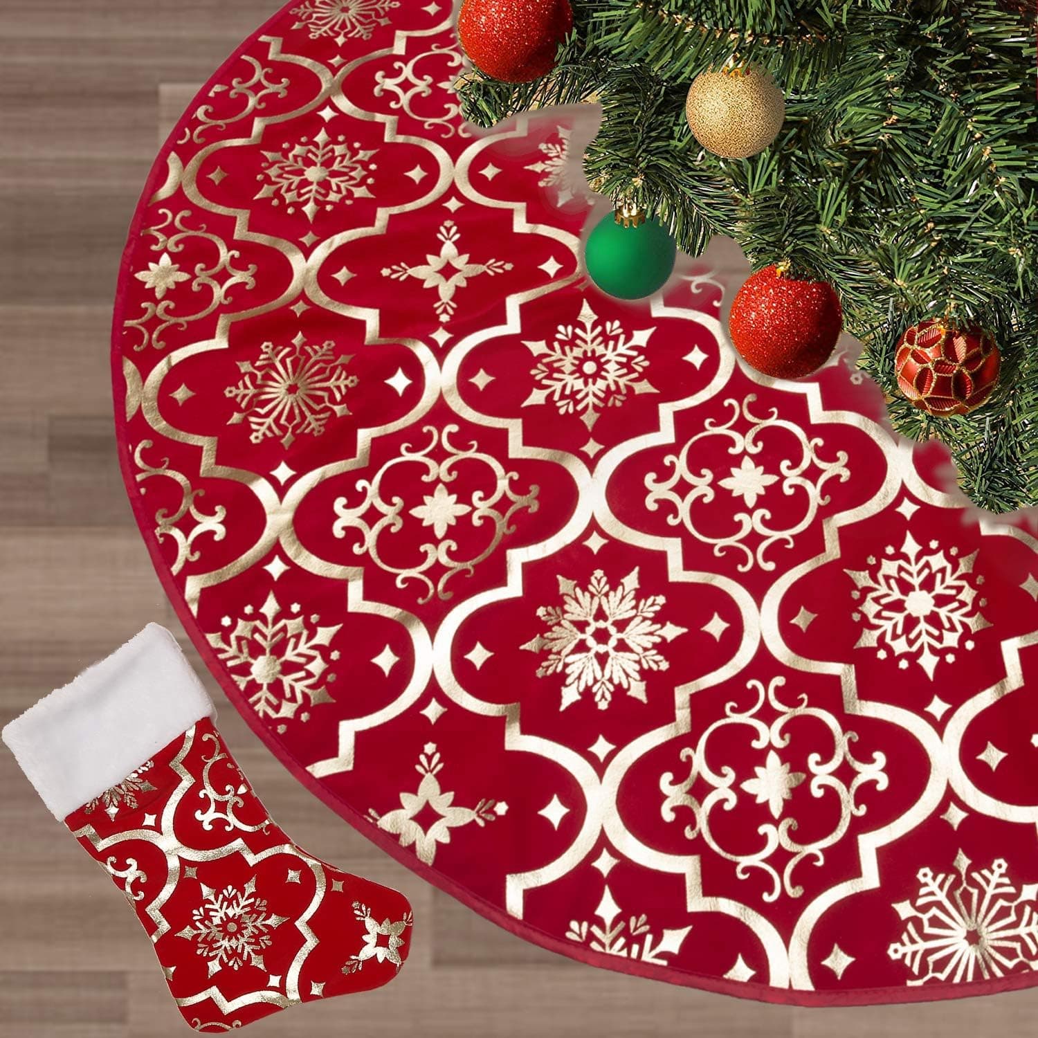 Flash World 48 inch large Christmas tree skirt snowflake collar farmhouse red