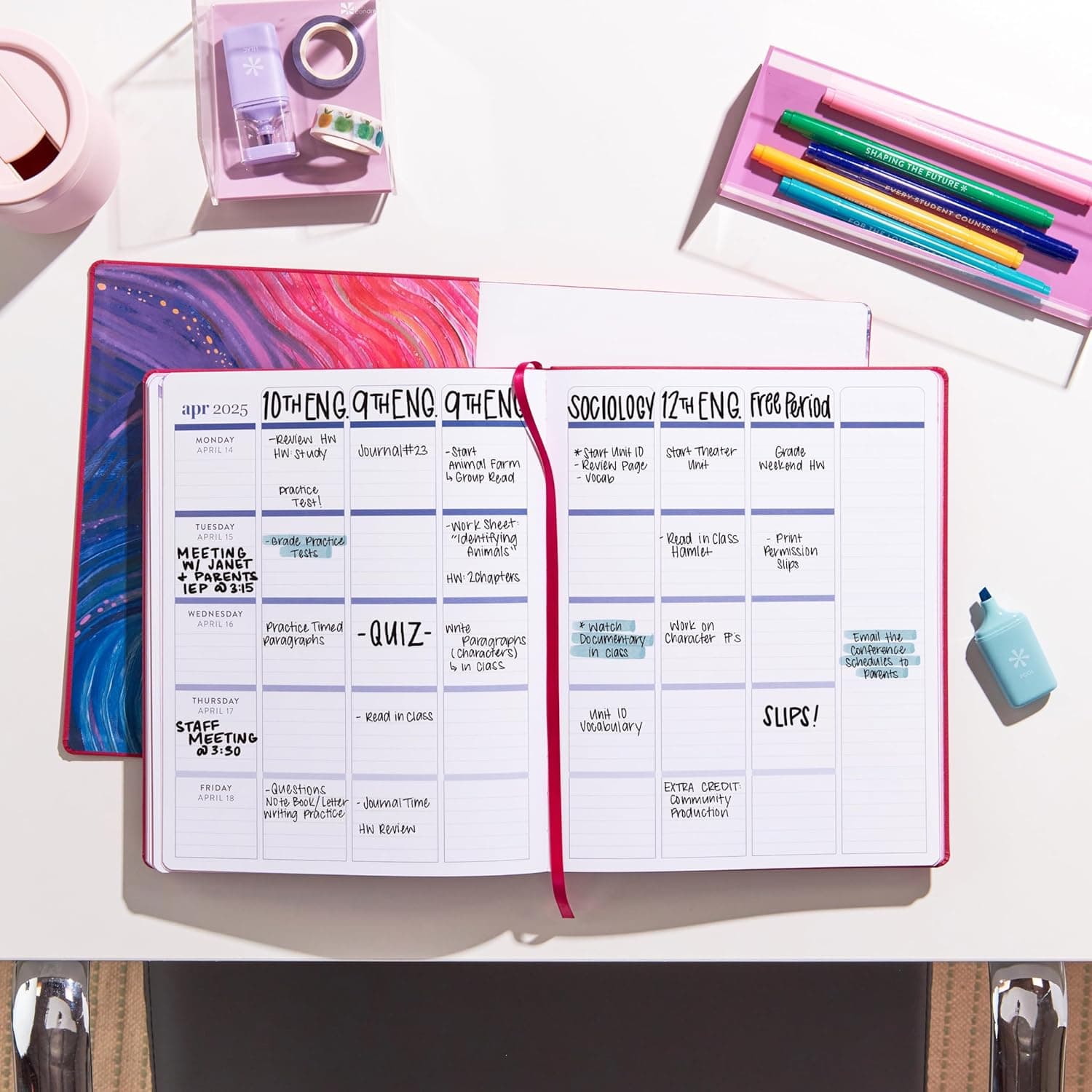 Erin Condren 8x10 Softbound Teacher Lesson Planner with Fuchsia Classic Design and Vegan Leather Covers