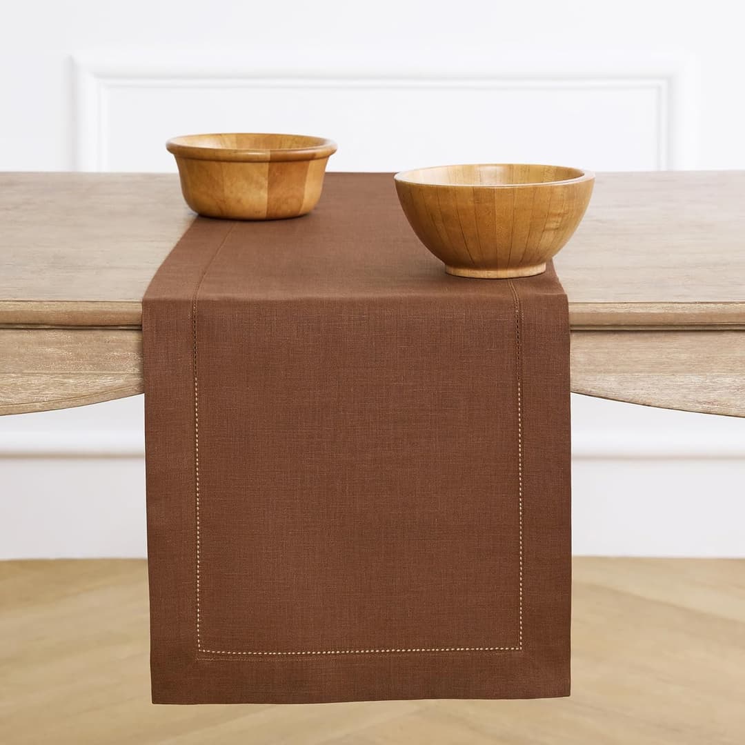Solino Home linen brown table runner 90 inches long with classic hemstitch