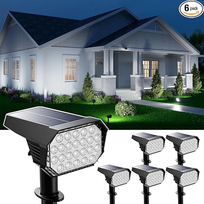 6 Pack Solar Powered Outdoor Spot Lights - 24 LEDs Waterproof Landscape Lighting