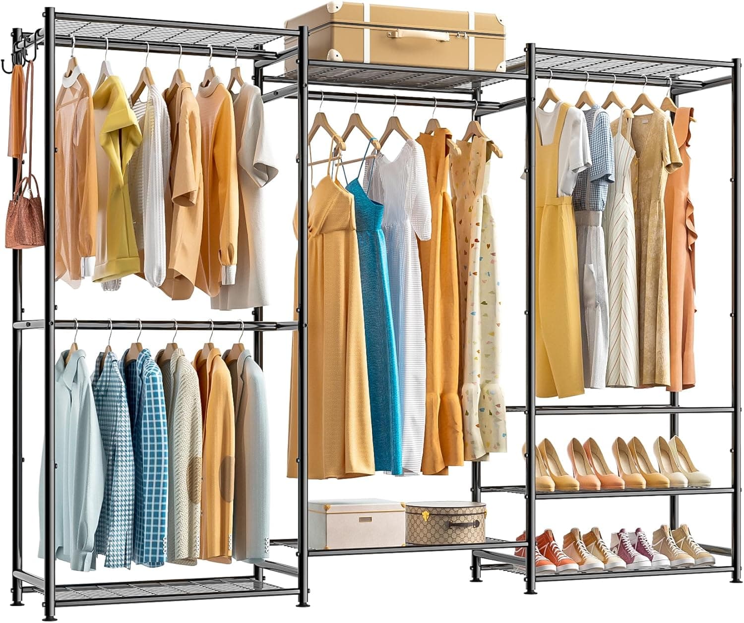 Wardrobe Closet Heavy Duty Clothes Rack with 4 Hang Rods & 8 Shelves