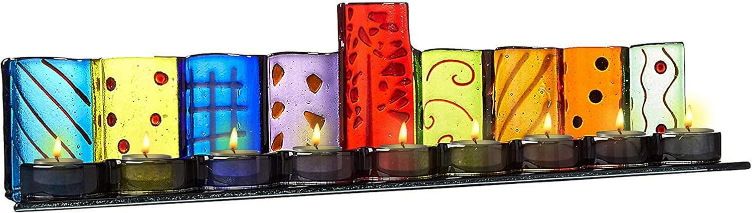 Hand-painted glass menorah with tealight cups