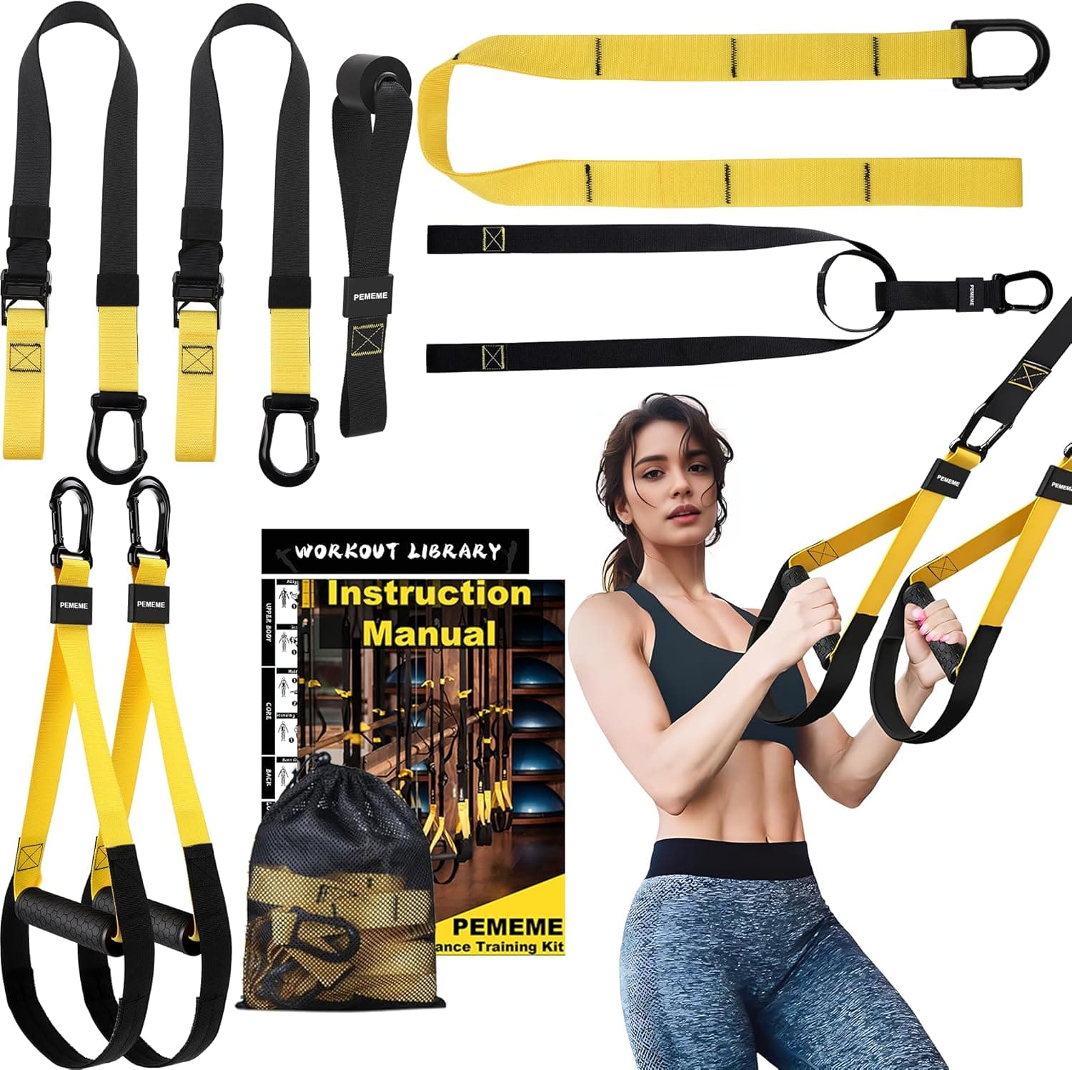 Full-body suspension trainer kit with straps, handles, and carry bag