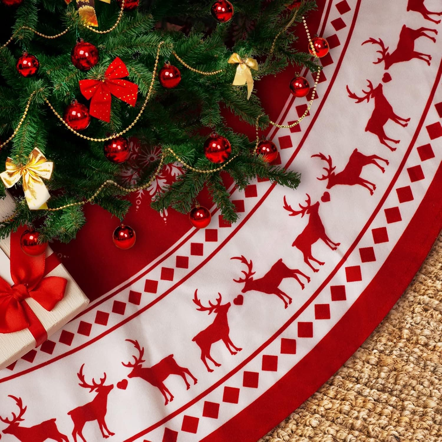 Lukisesy Christmas tree skirt 48 inch large snowflake reindeer red rustic