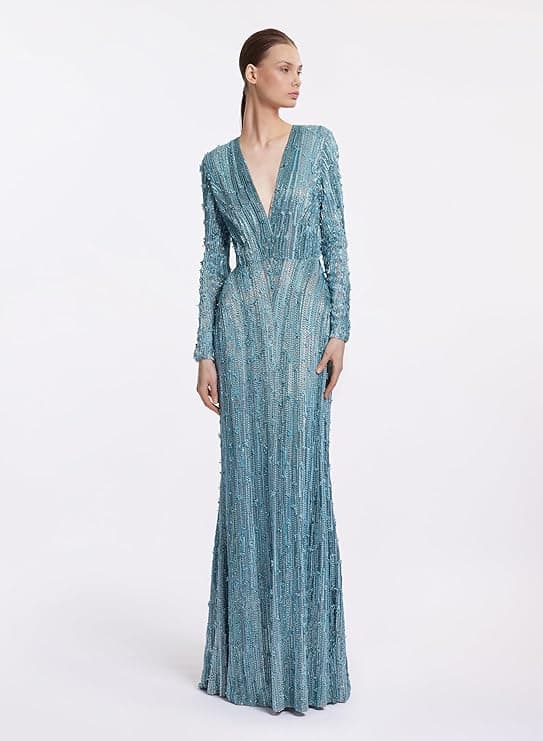 Elie Saab Bead Embroidered Long Dress, Cerulean Blue - Digital Couture - $21,525