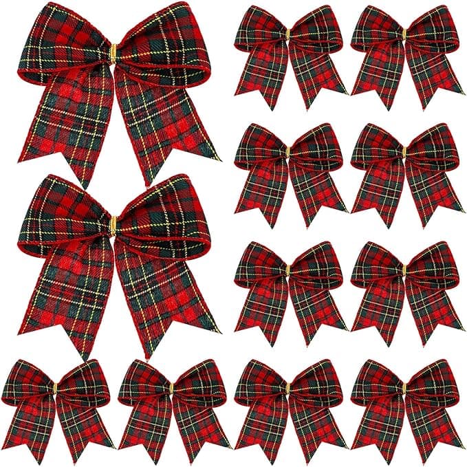 12 pieces Christmas buffalo plaid bows decorations, 6 inch red plaid bows for wreaths ornaments tree garland