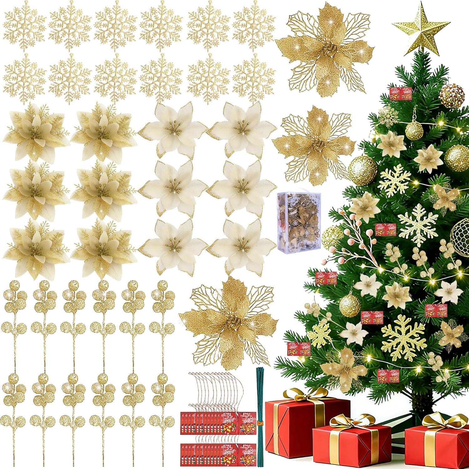59 pieces Christmas tree decorations set with glitter snowflakes, artificial poinsettia flowers, berry stems in gold