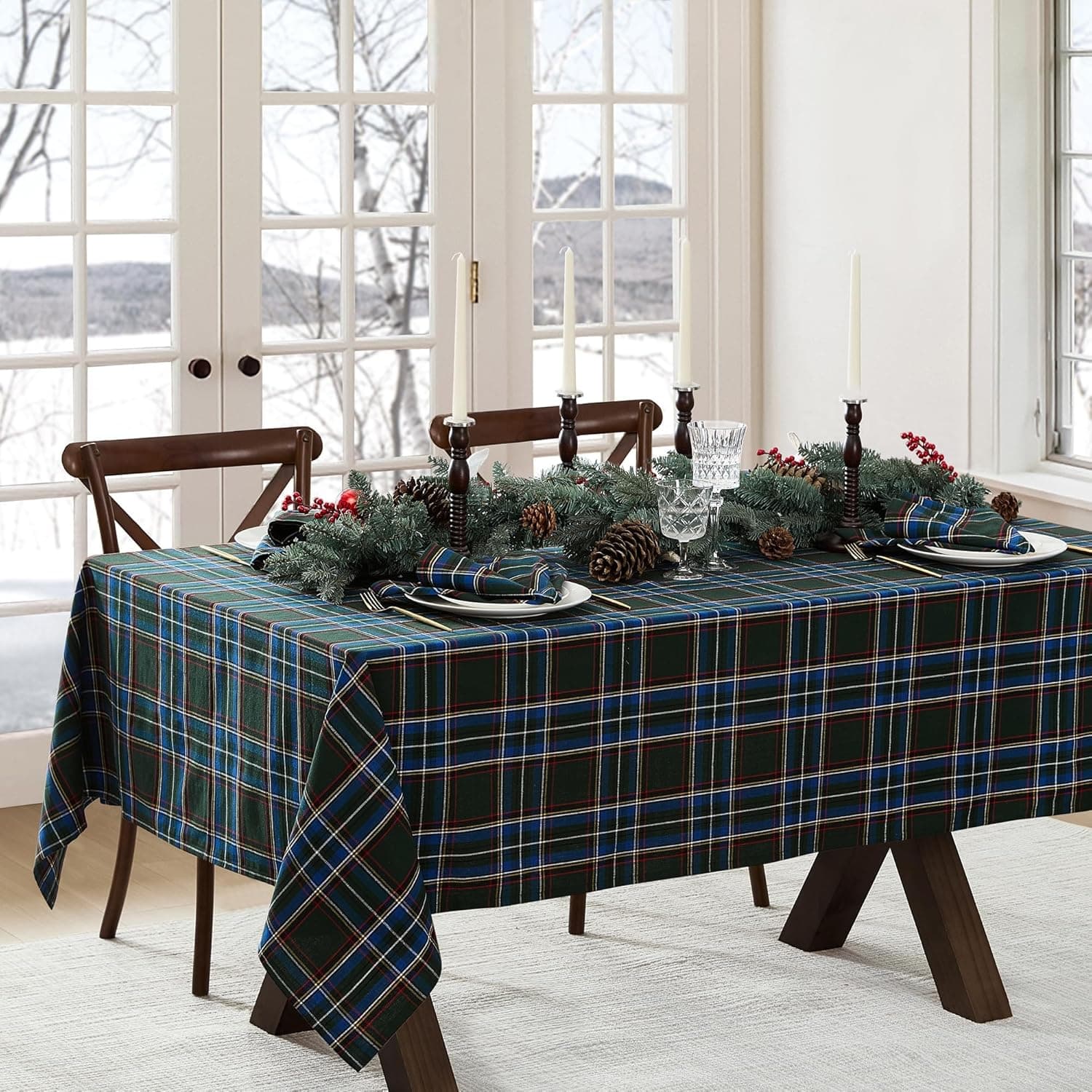 Elrene Home Fashions Stowe tartan holiday plaid Christmas winter cotton rectangle tablecloth, 52x70 inches, green