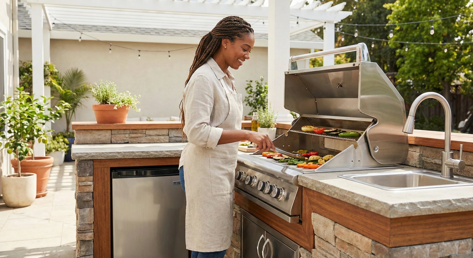 Stunning integrated outdoor kitchen with stainless steel appliances, stone countertops, and professional BBQ setup
