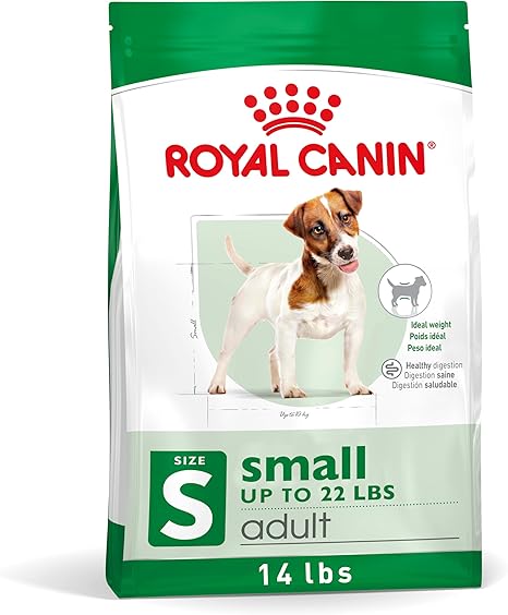 Royal Canin small adult dog food bag with kibble pieces