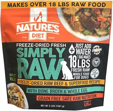 Nature’s Diet Simply Raw dehydrated beef dog food in stainless bowl