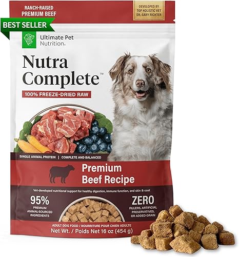 Ultimate Pet Nutrition Nutra Complete freeze-dried beef dog food bag on counter