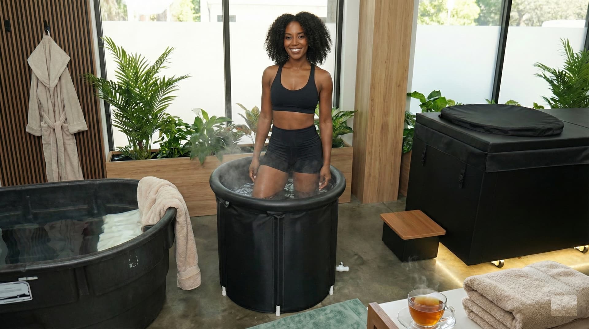 Portable biometric recovery pods with chillers and compression sleeves