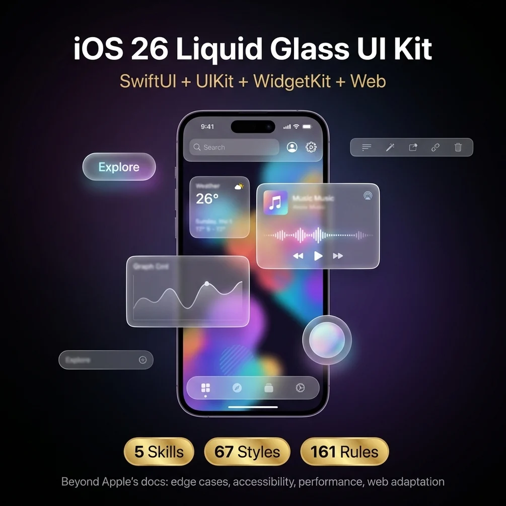 Ios 26 liquid glass ui kit 5 skills 67 styles