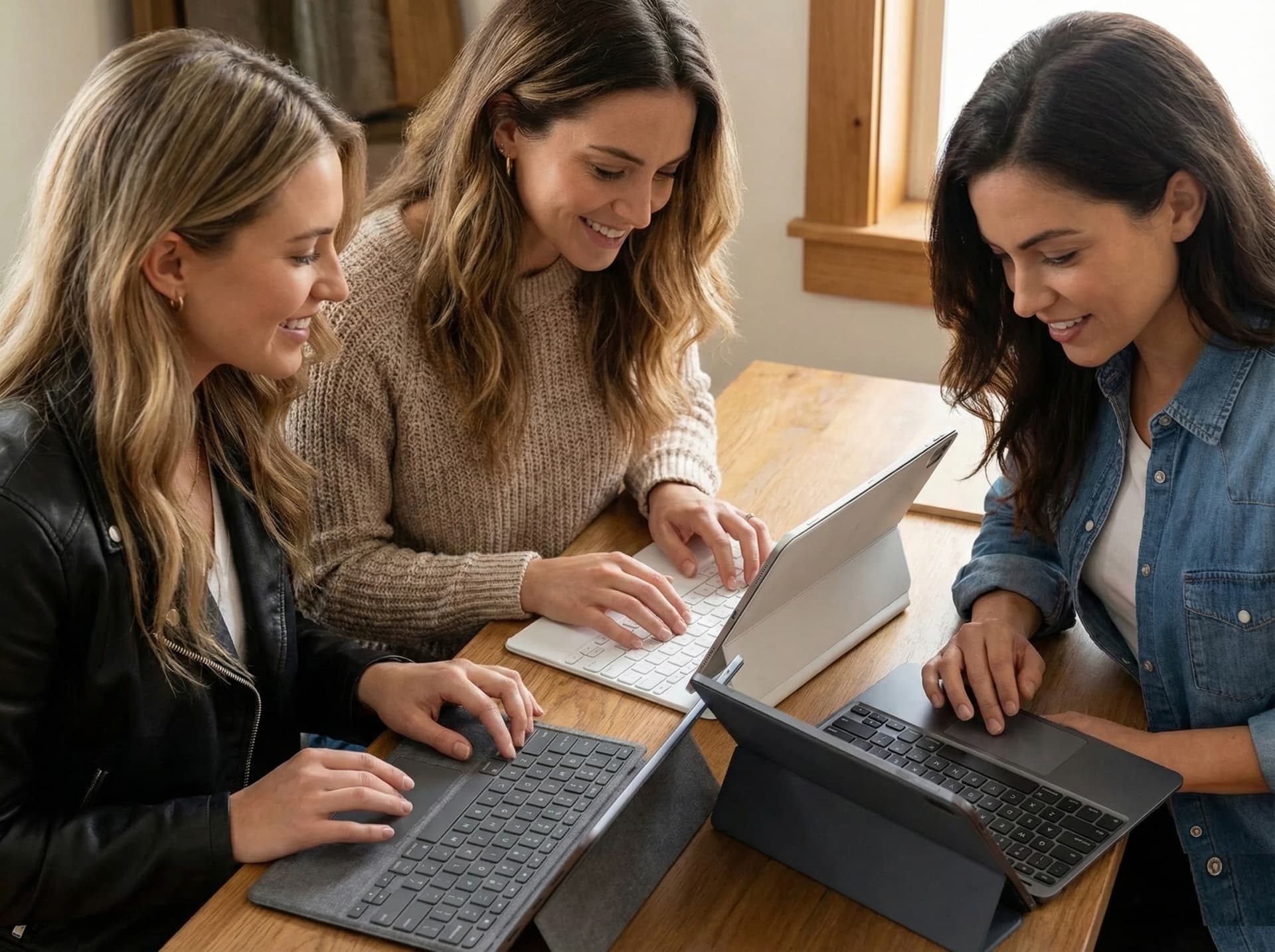 Desk with multiple iPad keyboard cases lined up