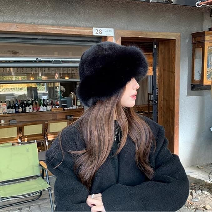 Womens Winter Faux Fur Bucket Hat, Warm Faux Mink Plush Hat