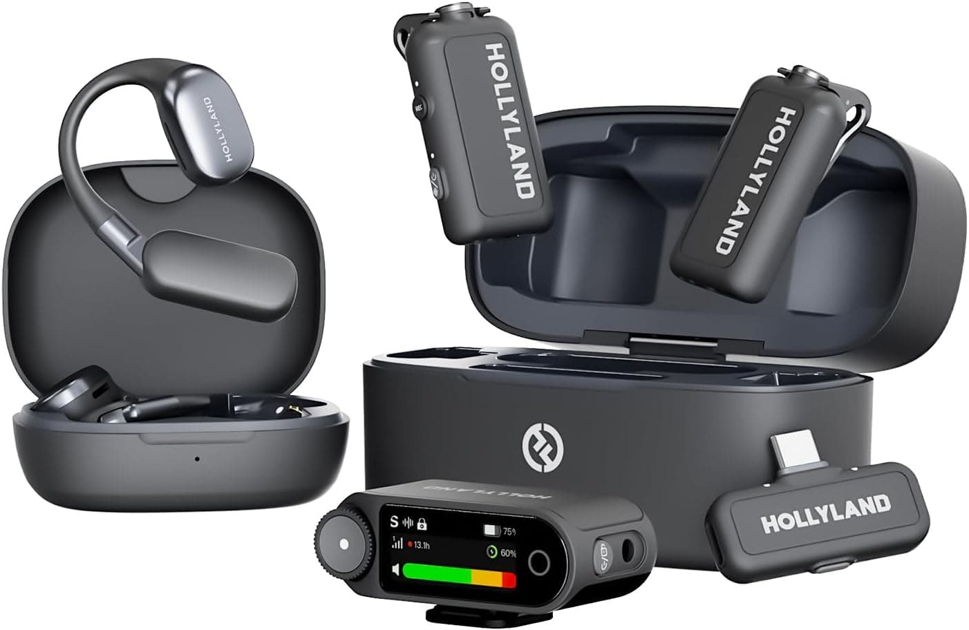 Hollyland Lark MAX 2 wireless microphone system with charging case and earphones