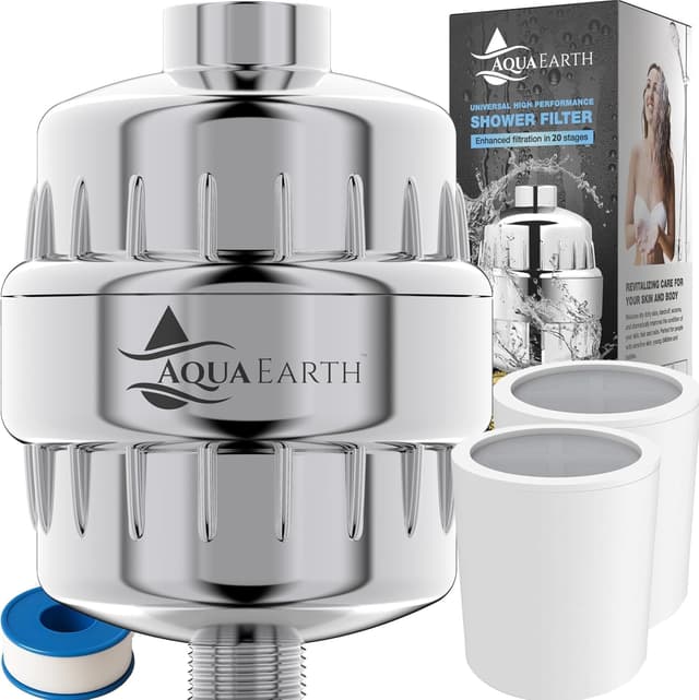 Aqua Earth Shower Filter Head for Hard Water Softening with Vitamin C for Healthier Skin, Hair and Nails. 20 Filtration Stages