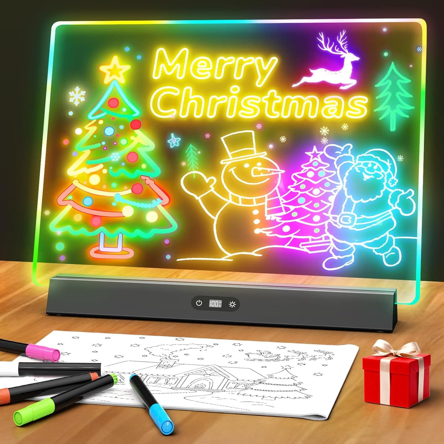 Rechargeable LED note board with colorful markers on a desk