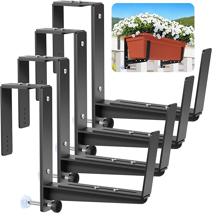 Window Box Brackets, Adjustable Planter Box Brackets, Heavy Duty Iron Flower Box Brackets for Railings, with Enhanced Bottom Support - Perfect for Balconies, Fences, and Gardens (4 Pack)