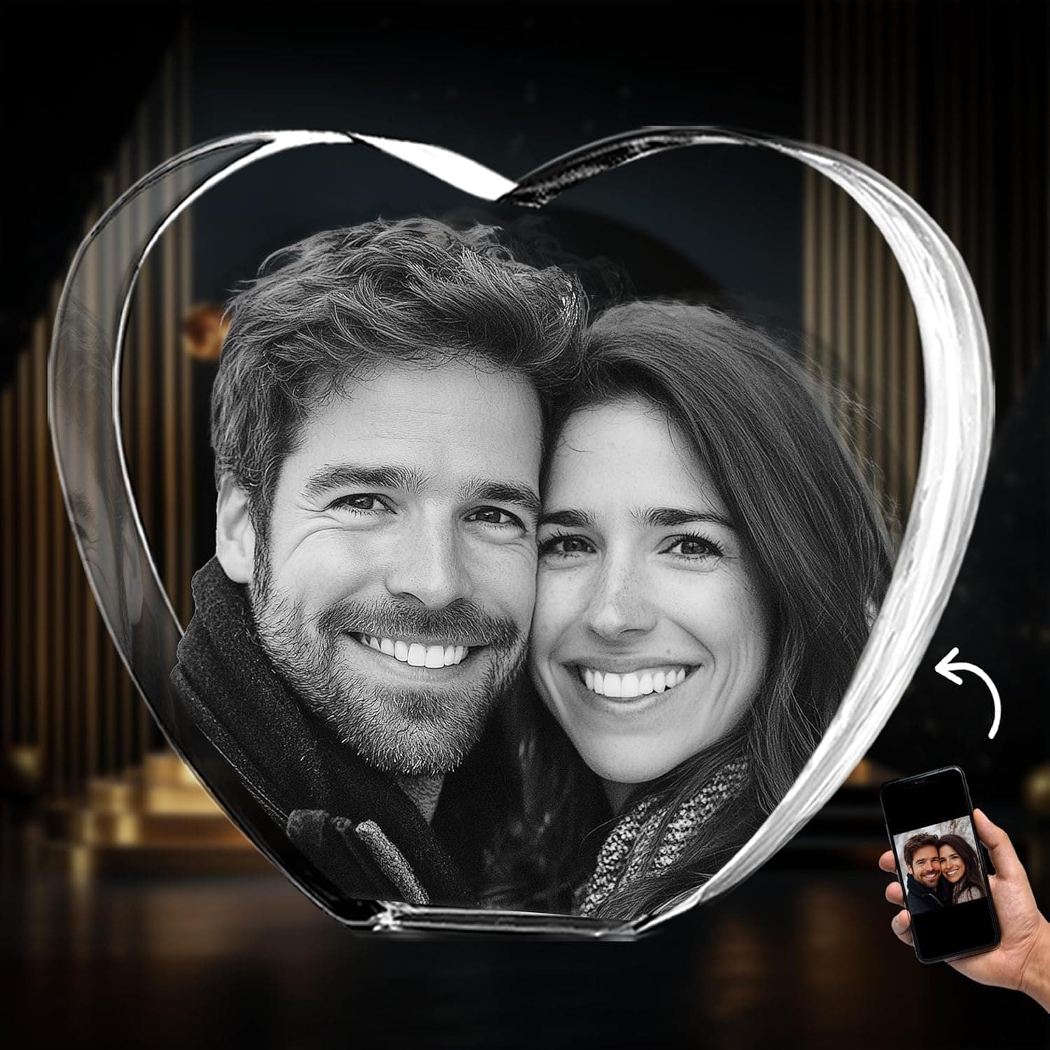 CAPTUR3D personalized crystal heart with etched couple photo
