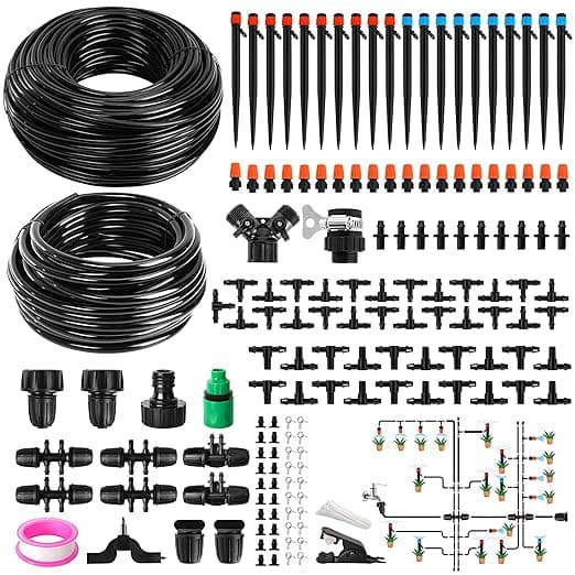 240FT DIY Automatic Drip Irrigation System Kits for Garden Plant Watering Misting System for Greenhouse Patio Lawn with Adjustable Drip Emitters 5/16" and 1/4" Irrigation Tubing Connectors Fittings