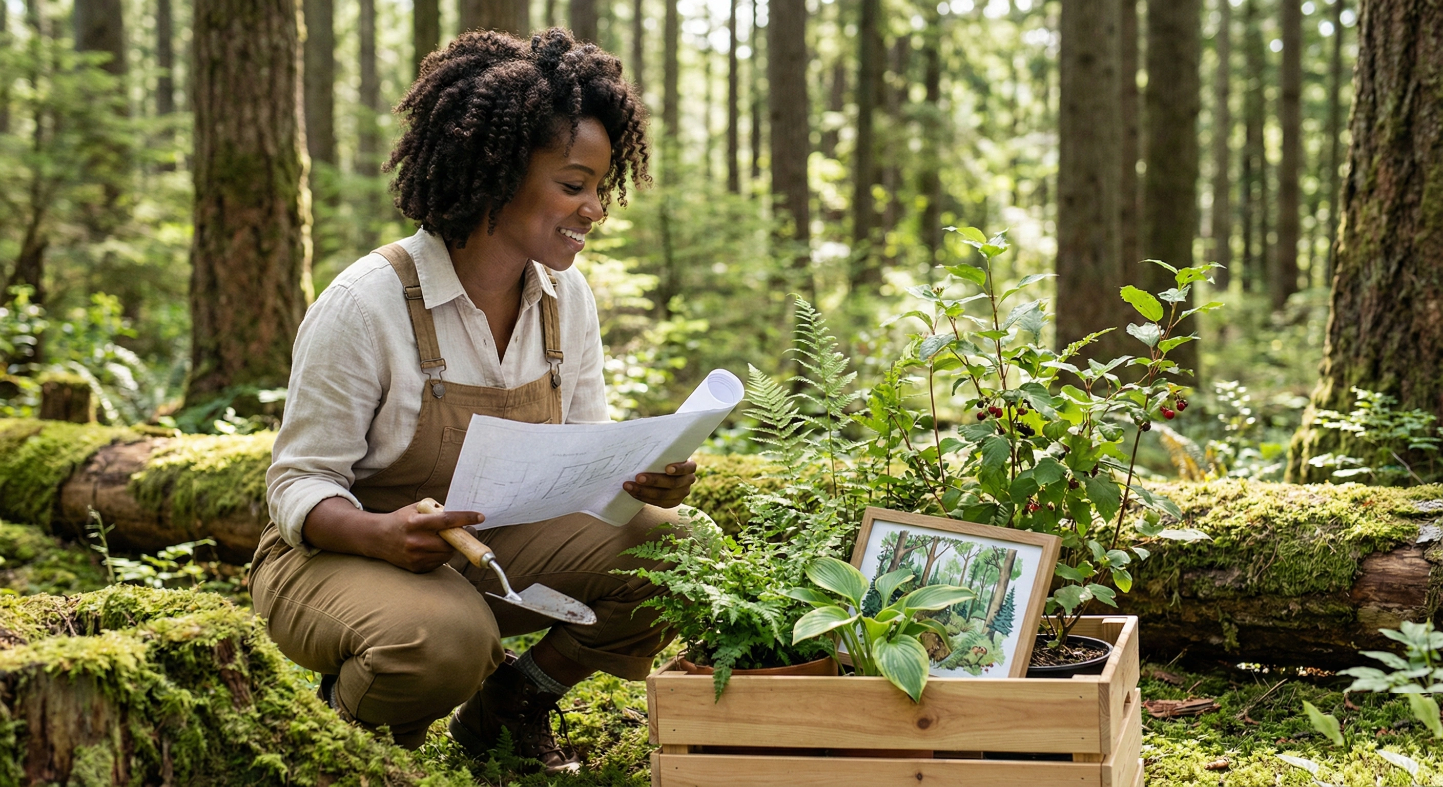 Beautiful forest garden with layered vegetation, diverse plants, wildlife habitats, and natural pathways creating a biodiverse backyard ecosystem